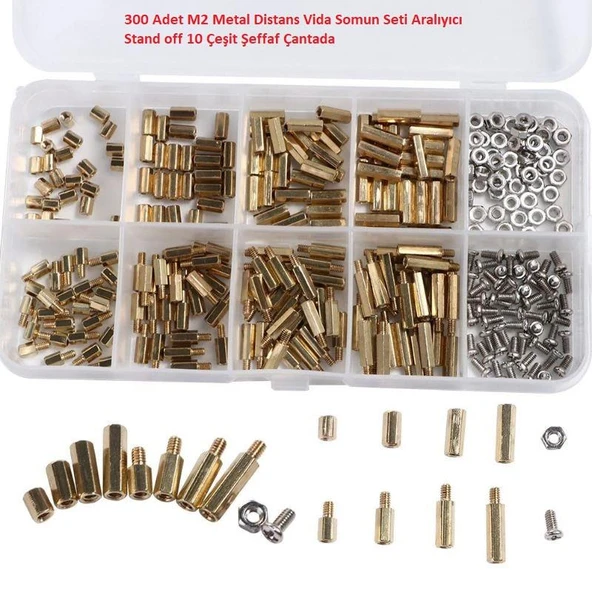 300 Adet M2 Metal Distans Vida Somun Seti Aralıyıcı Stand off 10 Çeşit Şeffaf Çantada ürün görseli 1