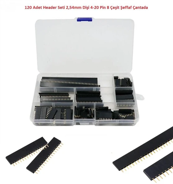 120 Adet Header Seti 2,54mm Dişi 4-20 Pin 8 Çeşit Şeffaf Çantada ürün görseli 1