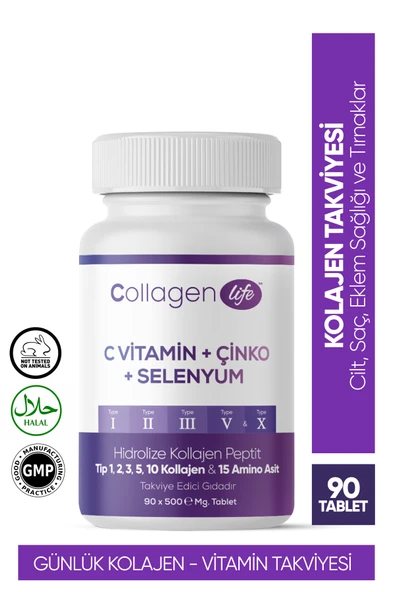 Collagen Life 5 Tip Kolajen Tip 1, Tip 2, Tip 3, Tip 5 ,tip 10, ( Selenyum , C Vitamini Ve Çinko ) 90 Tablet ürün görseli 1