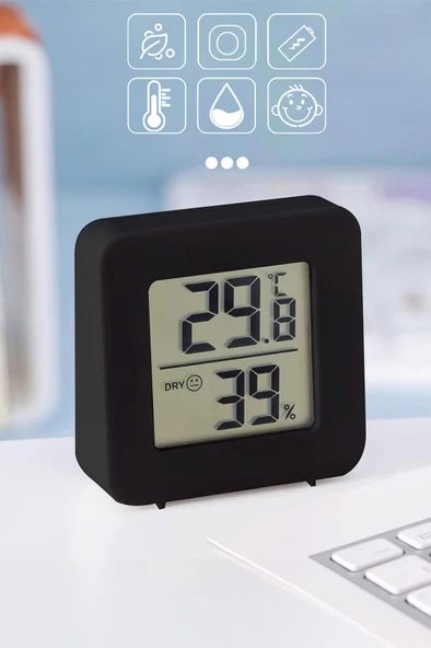 Mini Sıcaklık Nem Ölçer LCD Ekranlı Oda Termometre Duvara Takılabilen Masaüstü Isı Göstergesi Siyah ürün görseli 1