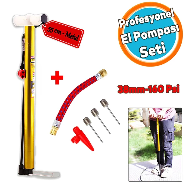 Bisiklet Pompası 6'lı Seti El Tipi Ayak Tutamaklı Metal Borulu Top Lastik Şambrel Şişirme Uçlu ürün görseli 1