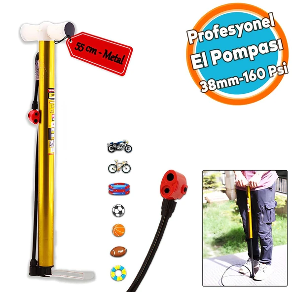 Bisiklet Pompası 55 cm Pratik El Tipi Ayak Tutamaklı Metal Borulu Top Lastik Şambrel Şişirme ürün görseli 1