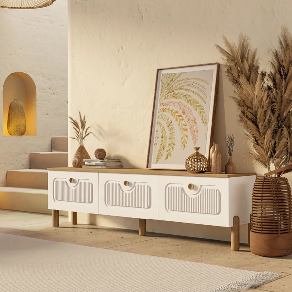 Mezza 4090 Napoli 180 Cm (Membran MDF Kapaklı) Bohem Tv Ünitesi Sepet - Beyaz ürün görseli 1