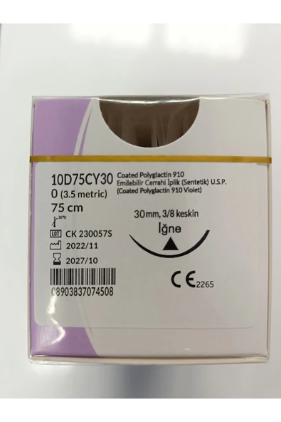 IĞNE&İPLİK Hayvan Medikal Ürünleri Emilebilir Cerrahi Iplik 0 (3.5METRİC) 75 Cm 30mm 3/8 Keskin Iğne ürün görseli 1
