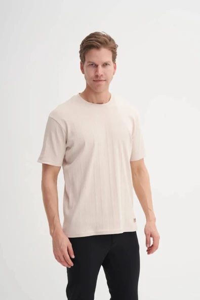 Cazador Bisiklet Yaka Slim Fit Likarlı Düz Tişört 4163 Bej ürün görseli 1