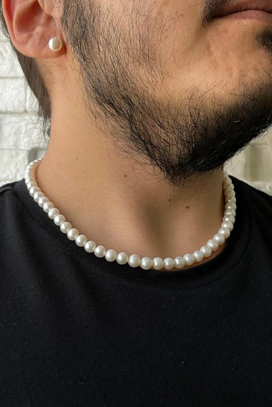 8,5 mm Sıralı Doğal İnci Erkek Kolye ürün görseli 1