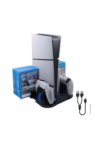 Airstorr Çok İşlevli  GP-521  Şarj İstasyonu ve Disk Rafı PS5 Slim Disk/Dijital Sürüm Siyah Stand ürün görseli 1