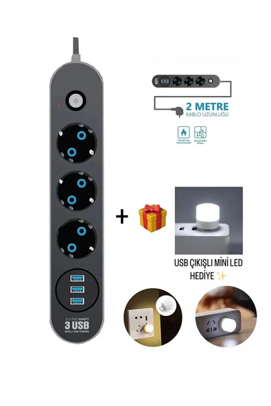 Airstorr Akım Korumalı 3’lü Grup Priz 1 Mini led Uzatma Kablosu 3X Usb 3X Anahtar 2M Kablo 2500w ürün görseli 1