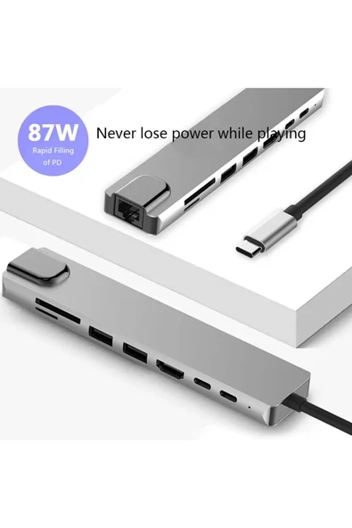 MEGAMUS 4K çok fonksiyonlu adaptör 8v1 USB RJ45 HD Ethernet adaptörü USB 3.0 kart okuyucu PD/SD/TF ürün görseli 1