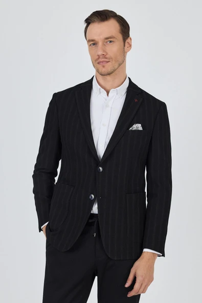 Siyah Mono Yaka Gofreli  Esnek 6 Drop Slim Fit Casual  Ceket 1002250126 ürün görseli 1