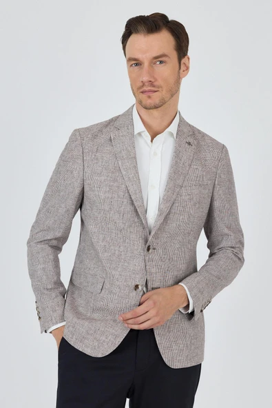 Bej Desen Bez Ayağı Mono Yaka Yarım Astar Keten Karışımlı 6 Drop Slim Fit Ceket 1002250102 ürün görseli 1