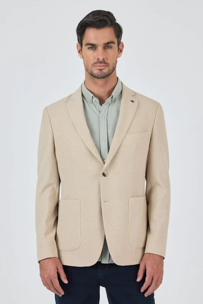 Bej Mono Yaka Düz 2 Düğme Casual Esnek Slim Fit Ceket 1002250123 ürün görseli 1