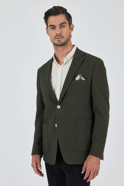 Haki Mono Yaka Gofreli  Esnek 6 Drop Slim Fit Casual  Ceket 1002250126 ürün görseli 1