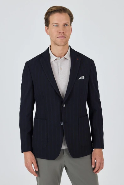 Lacivert Mono Yaka Gofreli  Esnek 6 Drop Slim Fit Casual  Ceket 1002250126 ürün görseli 1
