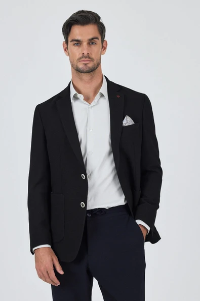 Siyah Mono Yaka Gofreli  Esnek 6 Drop Slim Fit Casual  Ceket 1002250125 ürün görseli 1