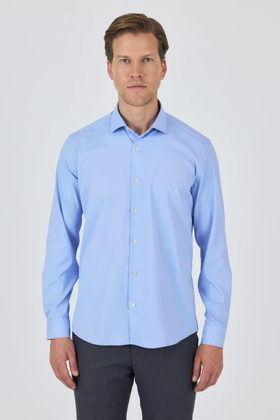 Mavi Kol Düz Bez Ayağı Sert Yaka Cepsiz Pamuklu Classic Slim Fit Gömlek 1004250160 ürün görseli 1