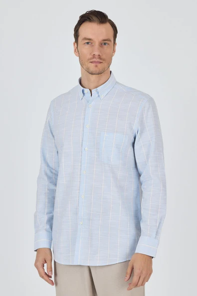 Mavi Uzun Kol Çizgili Desen Düğmeli Yaka cepli Classic Comfort Fit Gömlek 1004250189 ürün görseli 1