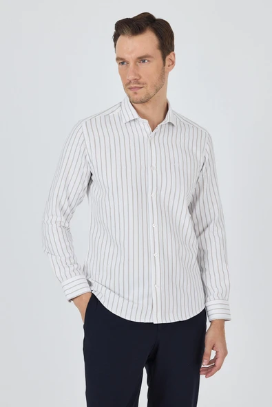 Bej Yarım İtalyan Yaka Çizgili Desen Casual Slim Fit Gömlek 1004250216 ürün görseli 1
