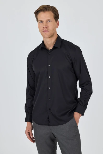Siyah Sert Yaka Cepsiz Gabardin Uzun Kol Slim Fit Esnek Gömlek 1004250234 ürün görseli 1