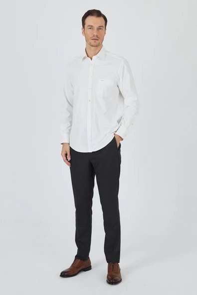 Krem Rengi Kol Düz Bez Ayağı Sert Yaka cepli Pamuklu Classic Comfort Fit Gömlek 1004250210 ürün görseli 1