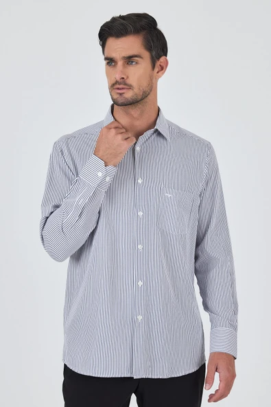 Beyaz Kol Çizgili Desen Bez Ayağı Sert Yaka cepli Pamuklu Classic Comfort Fit Gömlek 1004250179 ürün görseli 1