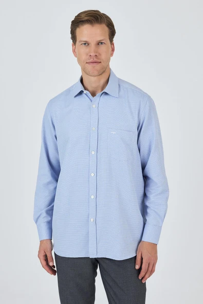 Mavi Sert Yaka Kendinden Desenli Classic Pamuklu Comfort Fit Gömlek 1004250219 ürün görseli 1