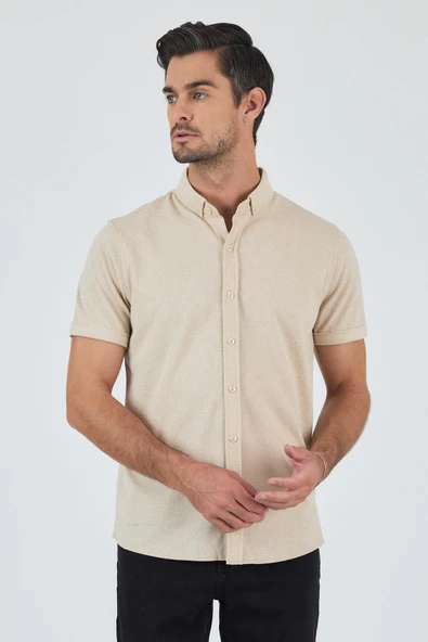 Bej Kısa Kol Düz Örme Düğmeli Yaka Cepsiz Pamuklu Classic Slim Fit Gömlek 1004250155 ürün görseli 1