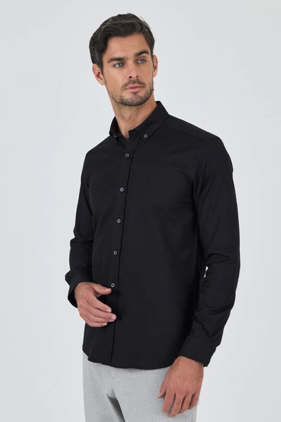 Siyah Kol Düz Bez Ayağı Düğmeli Yaka Cepsiz Pamuklu Casual Slim Fit Gömlek 1004250212 ürün görseli 1