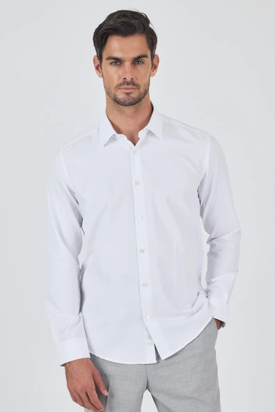 Beyaz Sert Yaka Düz Classic Pamuklu Slim Fit Gömlek 1004250900 ürün görseli 1