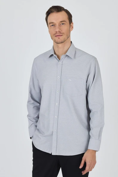 Siyah Sert Yaka Kendinden Desenli Classic Pamuklu Comfort Fit Gömlek 1004250220 ürün görseli 1