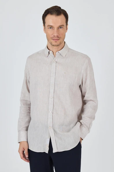 Vizon Kol Düz Keten Düğmeli Yaka Cepsiz Casual Comfort Fit Gömlek 1004250114 ürün görseli 1