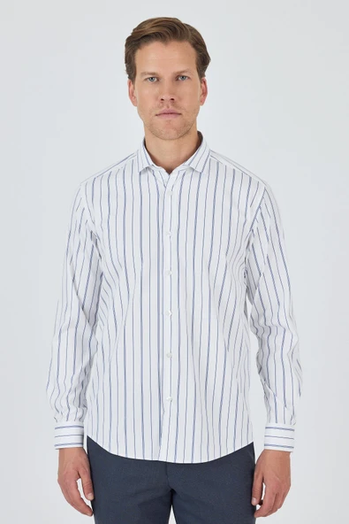 Beyaz Kol Çizgili Desen Bez Ayağı İtalyan Yaka Cepsiz Esnek Classic Slim Fit Gömlek 1004250203 ürün görseli 1