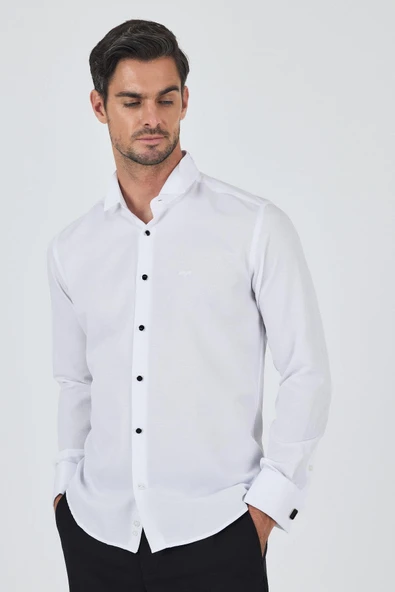 Beyaz Kol Desenli Armürlü Ata Yaka Pamuklu Ceremony Slim Fit Gömlek 1004250207 ürün görseli 1