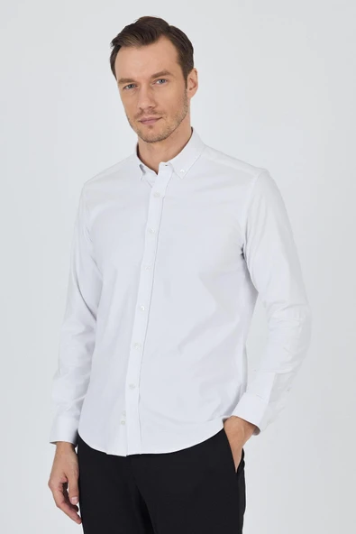 Beyaz Kol Düz Bez Ayağı Düğmeli Yaka Cepsiz Pamuklu Casual Slim Fit Gömlek 1004250212 ürün görseli 1