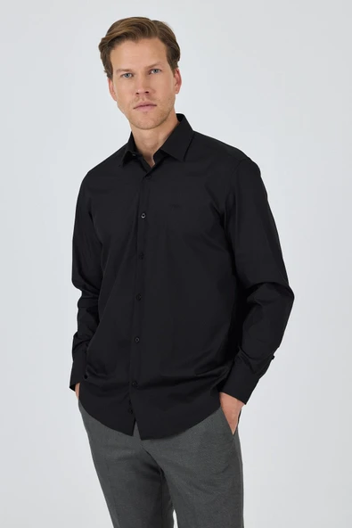 Siyah Klasik Yaka Uzun Kol Cepsiz Comfort Fit Classic Pamuklu Gömlek Gömlek 1004250287 ürün görseli 1