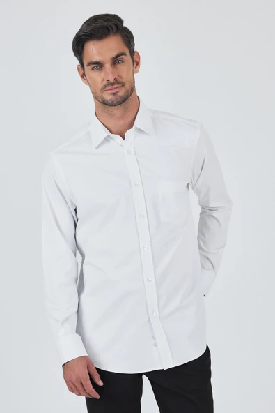 Beyaz Kol Düz Bez Ayağı Sert Yaka cepli Pamuklu Classic Comfort Fit Gömlek 1004250210 ürün görseli 1