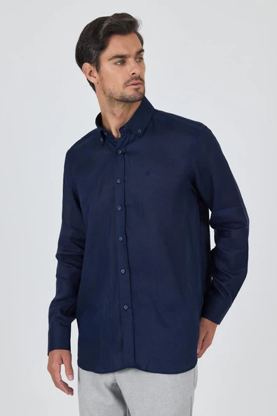 Lacivert Kol Düz Keten Düğmeli Yaka Cepsiz Casual Comfort Fit Gömlek 1004250114 ürün görseli 1