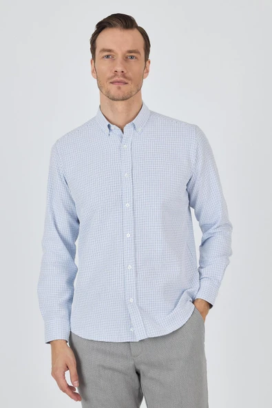 Mavi Düğmeli Yaka Kendinden Desenli Classic Pamuklu Slim Fit Gömlek 1004250217 ürün görseli 1