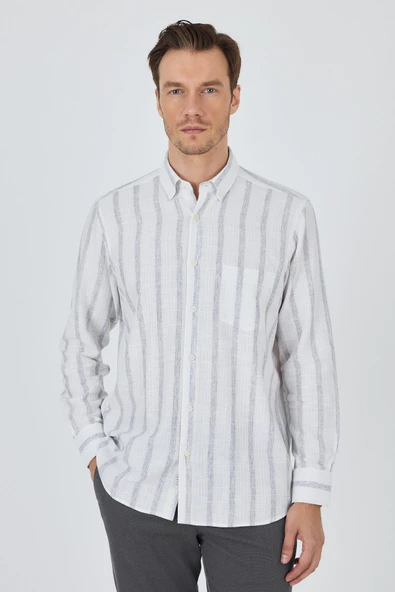 Beyaz Kol Çizgili Desen Bez Ayağı Düğmeli Yaka cepli Pamuklu Casual Comfort Fit Gömlek 1004250190 ürün görseli 1
