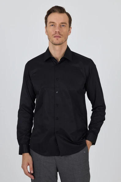 Siyah Sert Yaka Düz Classic Pamuklu Slim Fit Gömlek 1004250900 ürün görseli 1