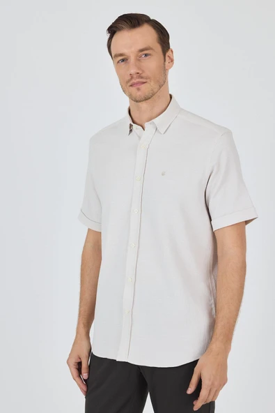 Krem Rengi Biritli Yaka Düz Casual Pamuklu Comfort Fit Gömlek 1004250221 ürün görseli 1