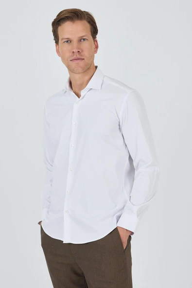 Beyaz Kol Düz Bez Ayağı Sert Yaka Cepsiz Pamuklu Classic Slim Fit Gömlek 1004250160 ürün görseli 1