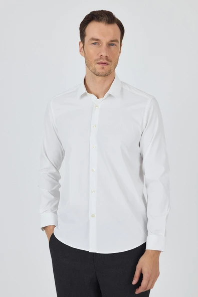 Krem Rengi Sert Yaka Cepsiz Gabardin Uzun Kol Slim Fit Esnek Gömlek 1004250234 ürün görseli 1