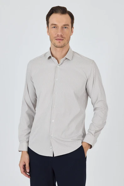 Beyaz Kol Çizgili Desen Bez Ayağı İtalyan Yaka Cepsiz Esnek Classic Slim Fit Gömlek 1004250200 ürün görseli 1