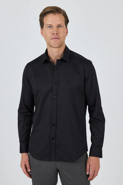 Siyah Kol Düz Bez Ayağı Sert Yaka Cepsiz Pamuklu Classic Slim Fit Gömlek 1004250211 ürün görseli 1