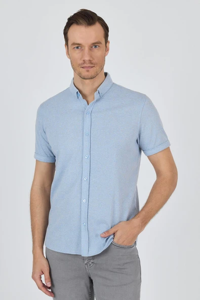 Mavi Kısa Kol Düz Örme Düğmeli Yaka Cepsiz Pamuklu Classic Slim Fit Gömlek 1004250155 ürün görseli 1
