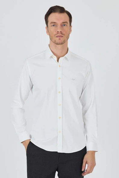 Krem Rengi Kol Düz Bez Ayağı Sert Yaka Cepsiz Pamuklu Classic Slim Fit Gömlek 1004250211 ürün görseli 1