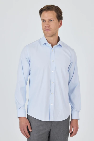 Mavi Yarım İtalyan Yaka Cepsiz Gabardin Uzun Kol Slim Fit Esnek Gömlek 1004250235 ürün görseli 1