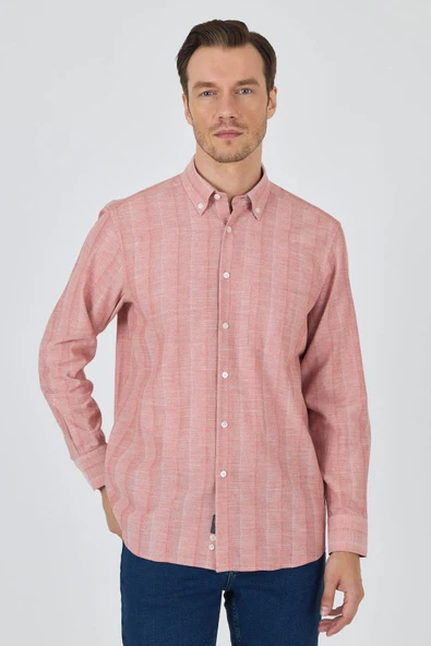 Pembe Kol Çizgili Desen Armürlü Düğmeli Yaka cepli Pamuklu Classic Comfort Fit Gömlek 1004250157 ürün görseli 1