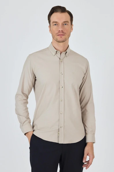 Bej Kol Düz Bez Ayağı Düğmeli Yaka Cepsiz Pamuklu Casual Slim Fit Gömlek 1004250212 ürün görseli 1